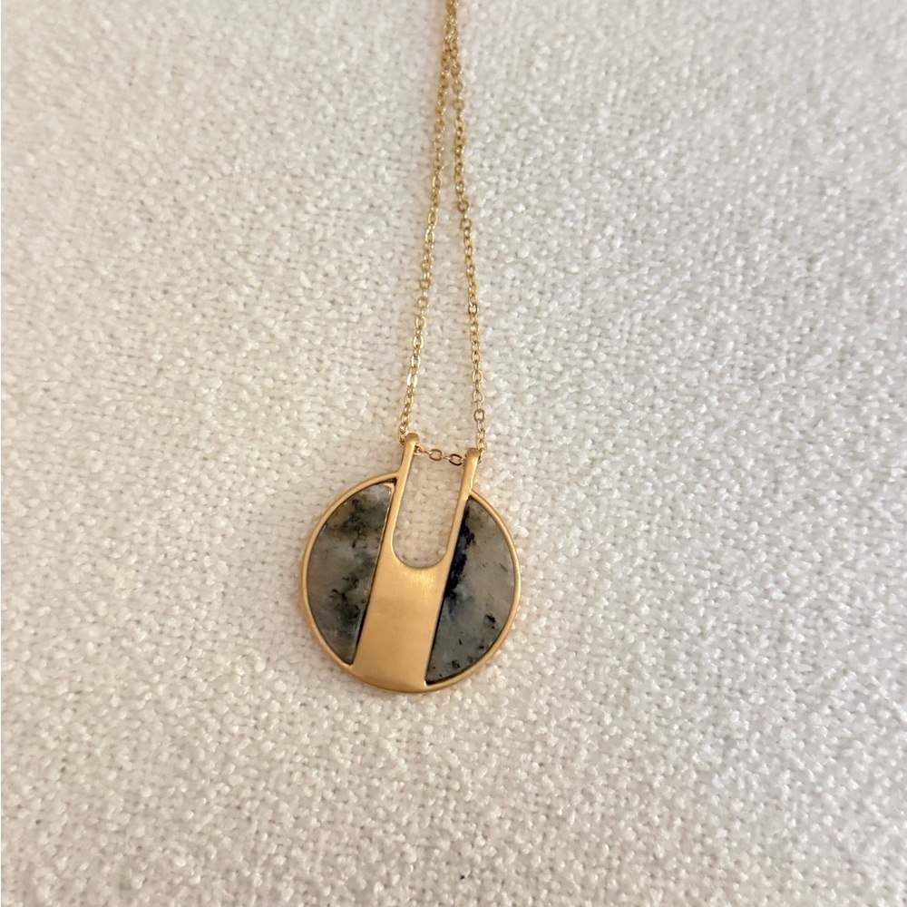 Gold Necklace with Round Gray Stone Pendant